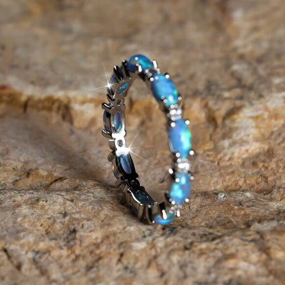 NEW 14k White Gold Blue Opal Ring Band - Picture 2 of 4